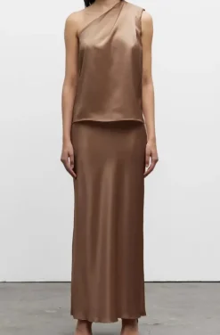 Ahlvar Gallery - Hana Long Logo Satin Skirt Sand