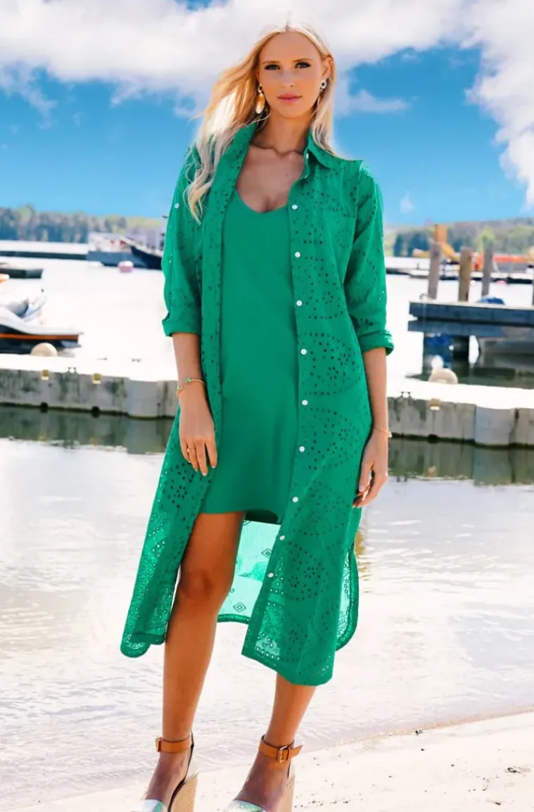 Blond Hour - Palma Shirt Dress Anglaise - Vibrant Green