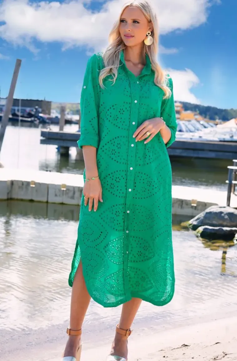 Blond Hour - Palma Shirt Dress Anglaise - Vibrant Green