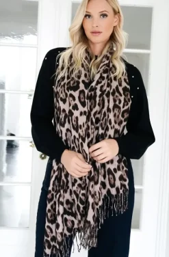 Mixed Brands - Animal print scarf with fringe Leo - Mud Brown