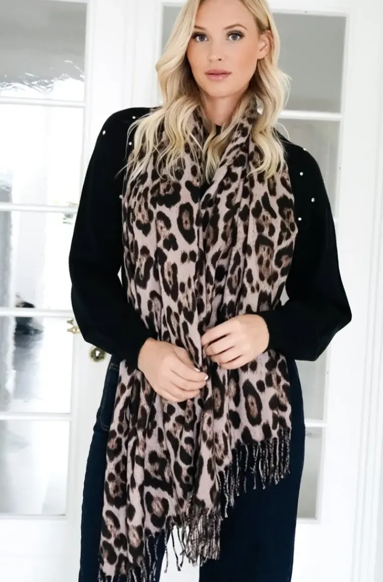 Mixed Brands - Animal print scarf with fringe Leo - Mud Brown