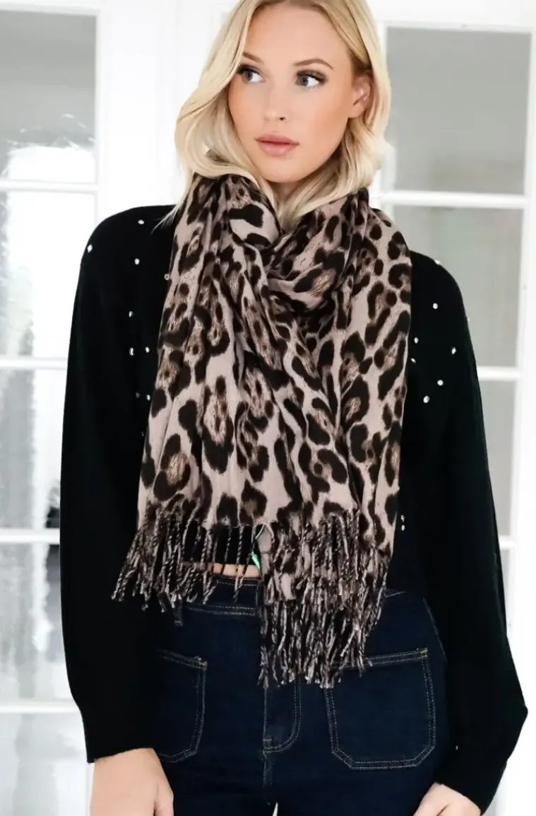 Mixed Brands - Animal print scarf with fringe Leo - Mud Brown