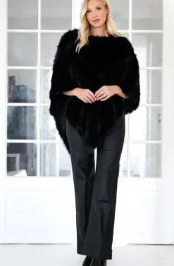 Mixed Brands - Asymmetrical crew neck faux fur Poncho 0498 - Black