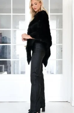 Mixed Brands - Asymmetrical crew neck faux fur Poncho 0498 - Black