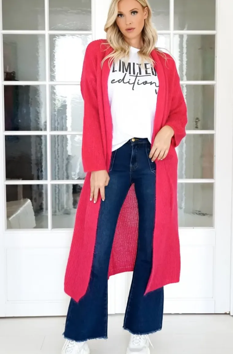 Mixed Brands - Chunky Mohair Knit Long Cardigan - Fuchsia