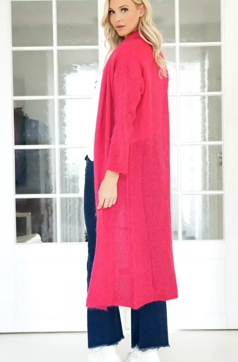 Mixed Brands - Chunky Mohair Knit Long Cardigan - Fuchsia