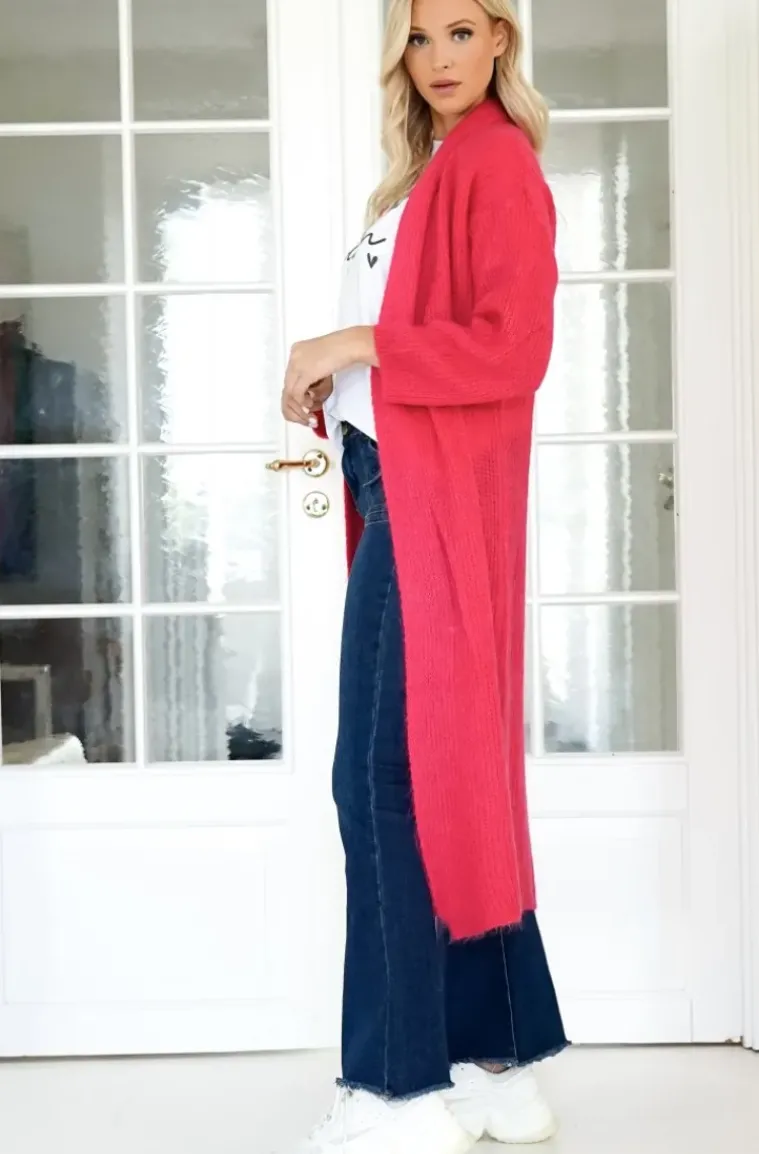 Mixed Brands - Chunky Mohair Knit Long Cardigan - Fuchsia