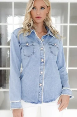 Mixed Brands - Denim shirt with Pearls 6035 - Blue