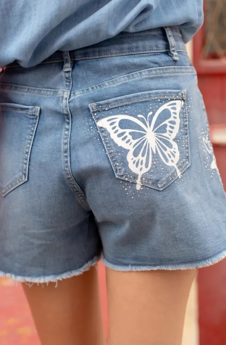 Mixed Brands - Denim shorts with embroidered Butterfly S143 - Blue