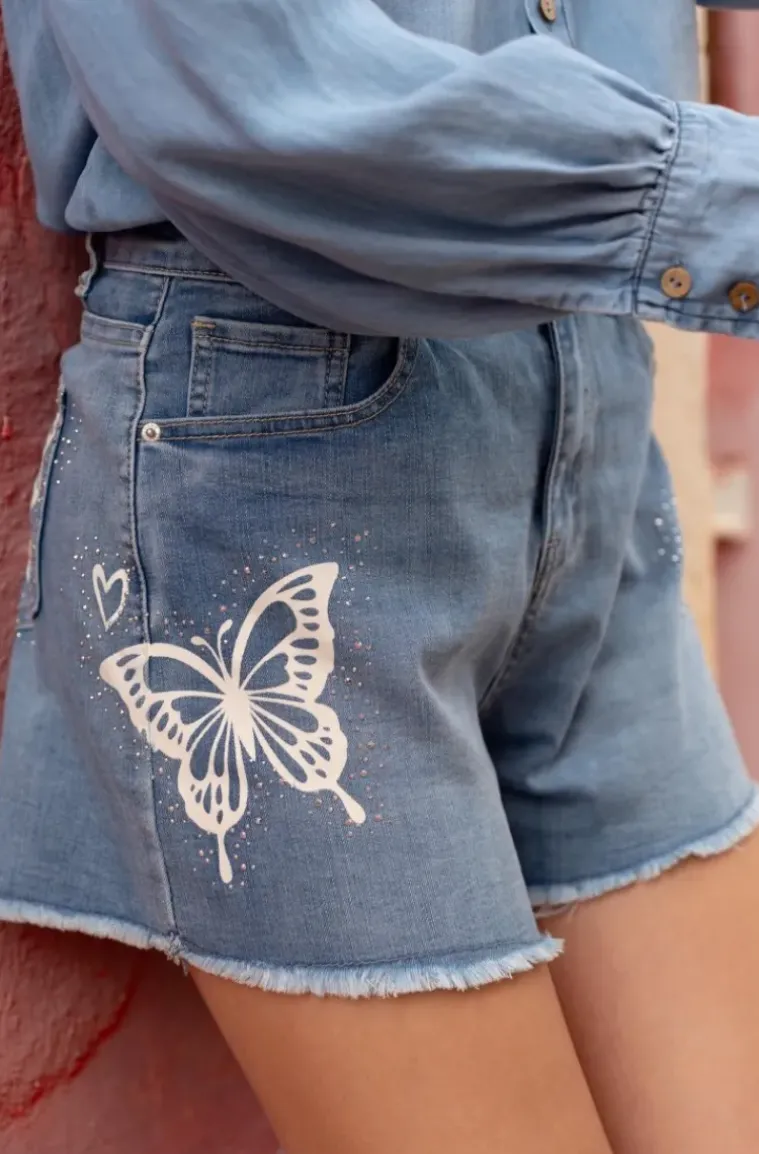 Mixed Brands - Denim shorts with embroidered Butterfly S143 - Blue