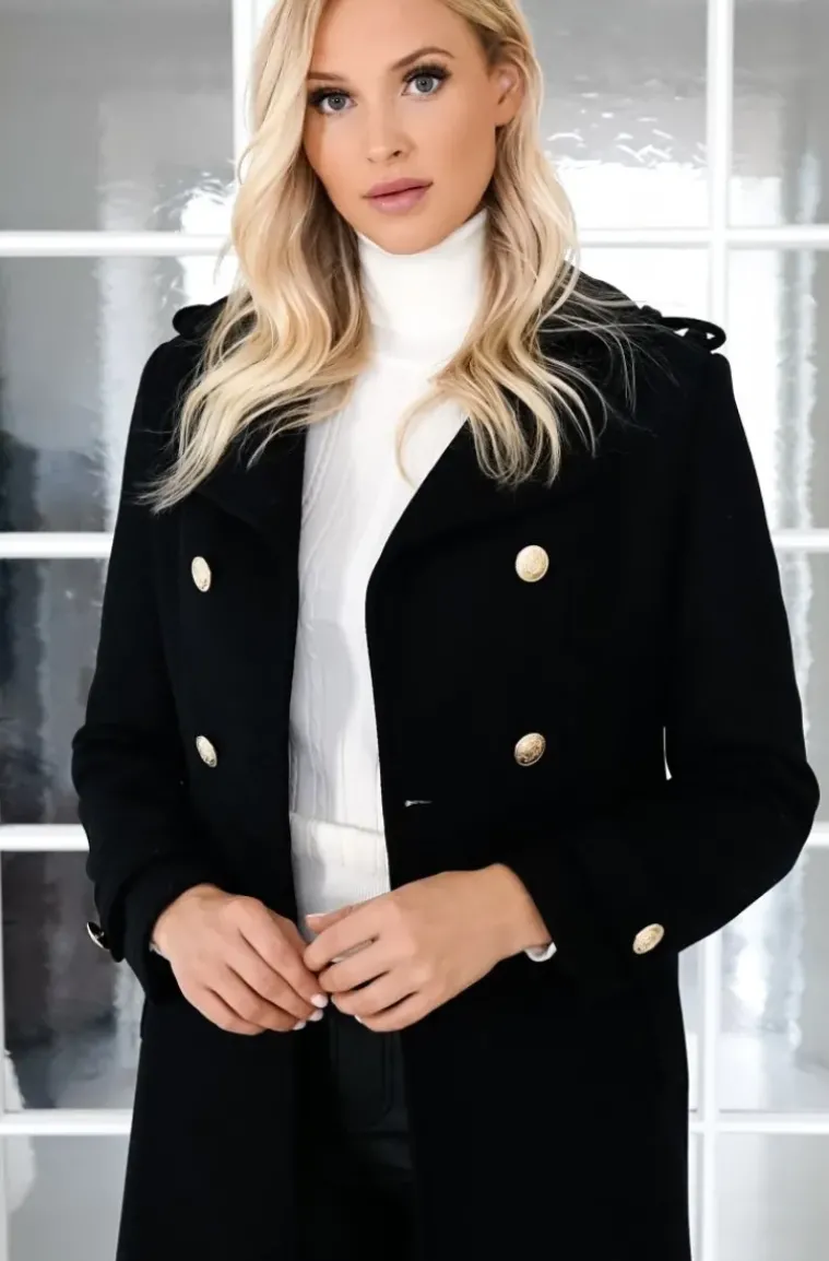 Mixed Brands - Elegant Double breasted long Coat - Black