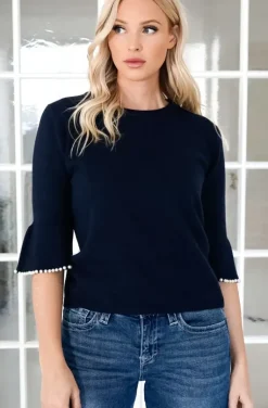 Mixed Brands - Elegant Pearl-accented knit sweater 3502 - Darkblue