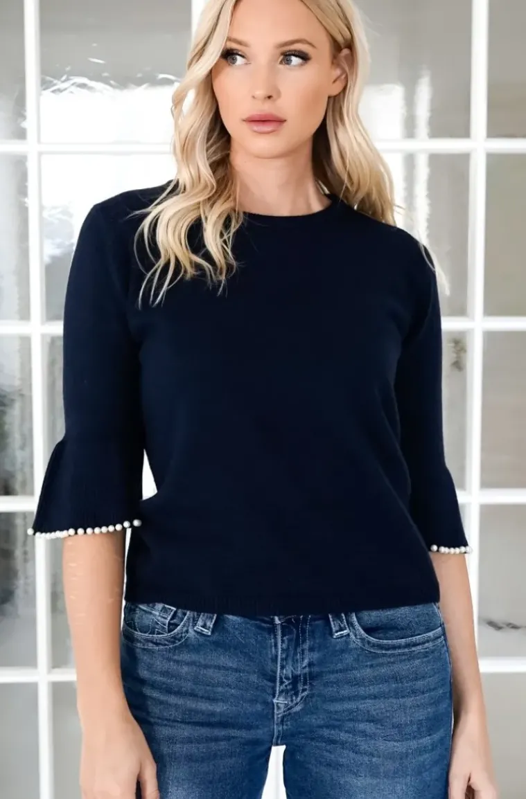 Mixed Brands - Elegant Pearl-accented knit sweater 3502 - Darkblue