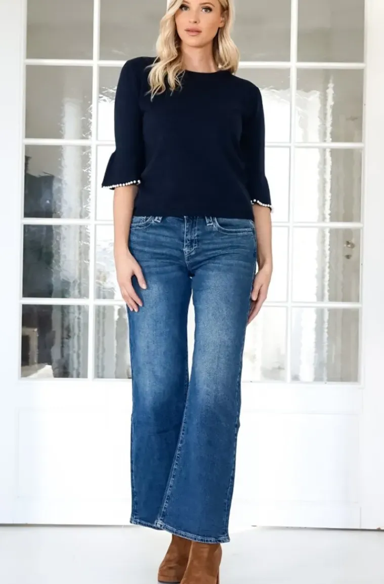 Mixed Brands - Elegant Pearl-accented knit sweater 3502 - Darkblue