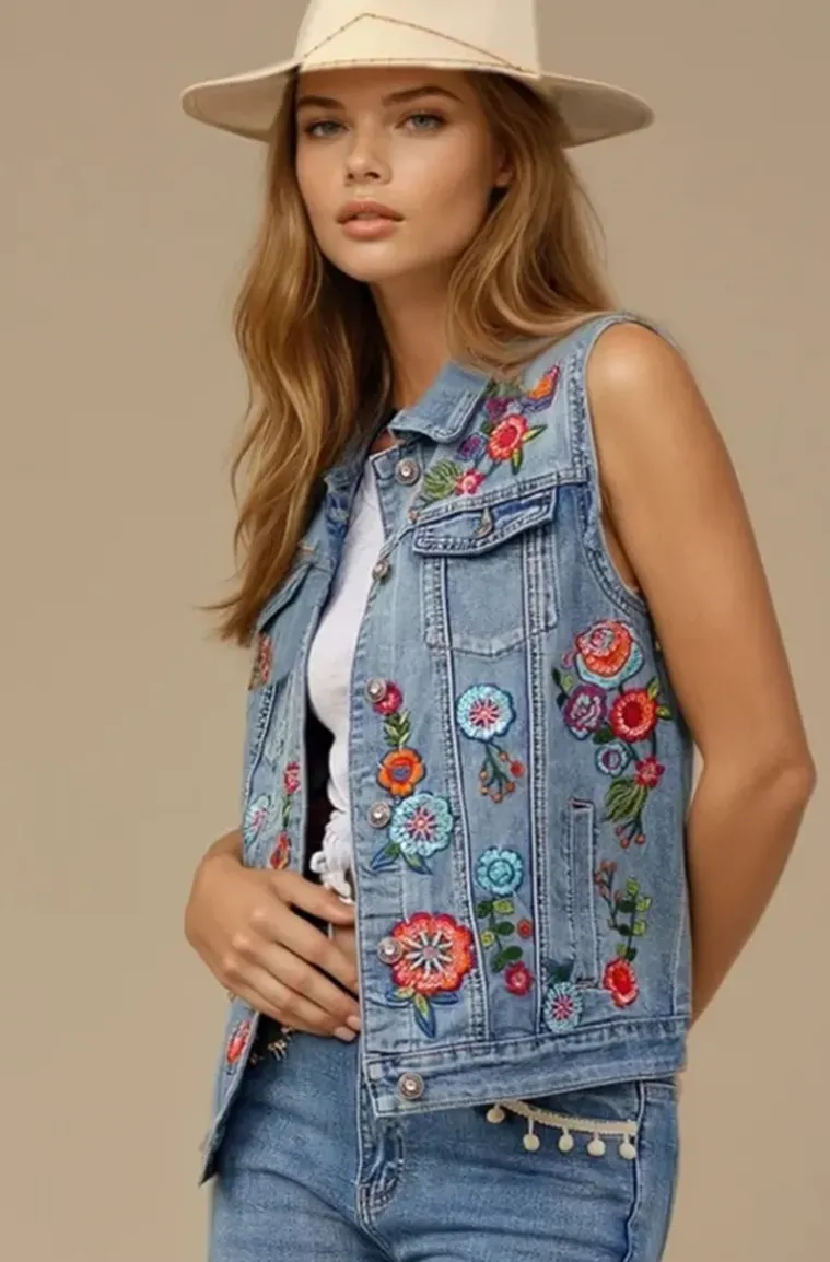 Mixed Brands - Embroidered jeans Vest DC417 - Blue