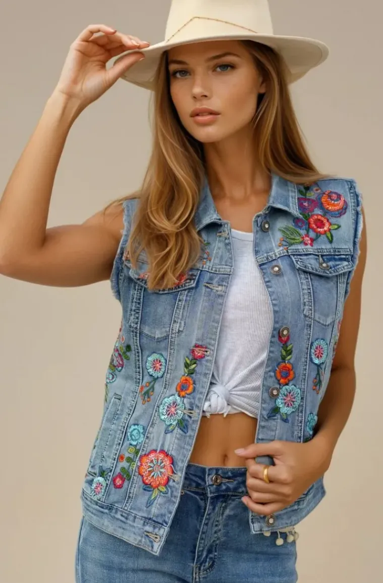 Mixed Brands - Embroidered jeans Vest DC417 - Blue