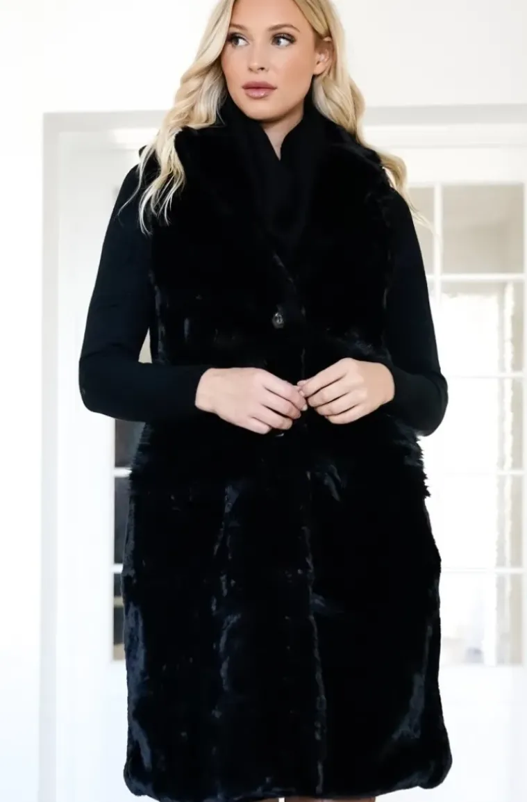 Mixed Brands - Faux Fur Vest with Pockets Long 40788 - Black