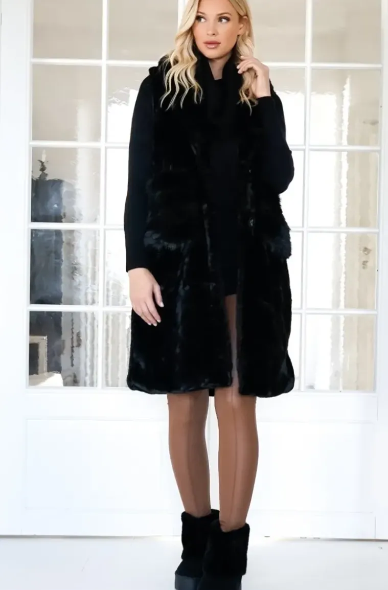 Mixed Brands - Faux Fur Vest with Pockets Long 40788 - Black