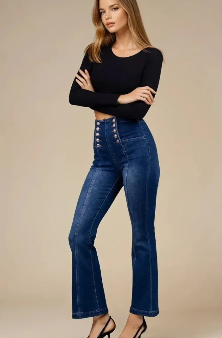 Mixed Brands - Flare High waist Jeans with buttons 0275 - Midblue