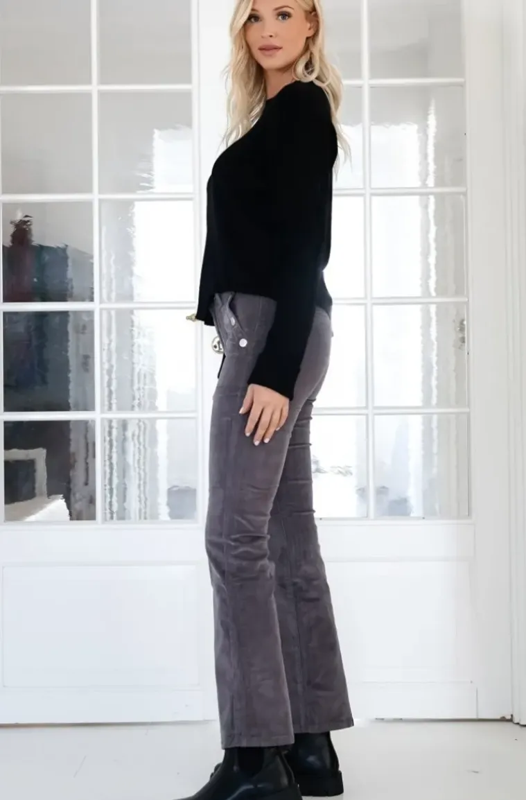 Mixed Brands - High waist flare velour pant with buttons H2630 - Grey