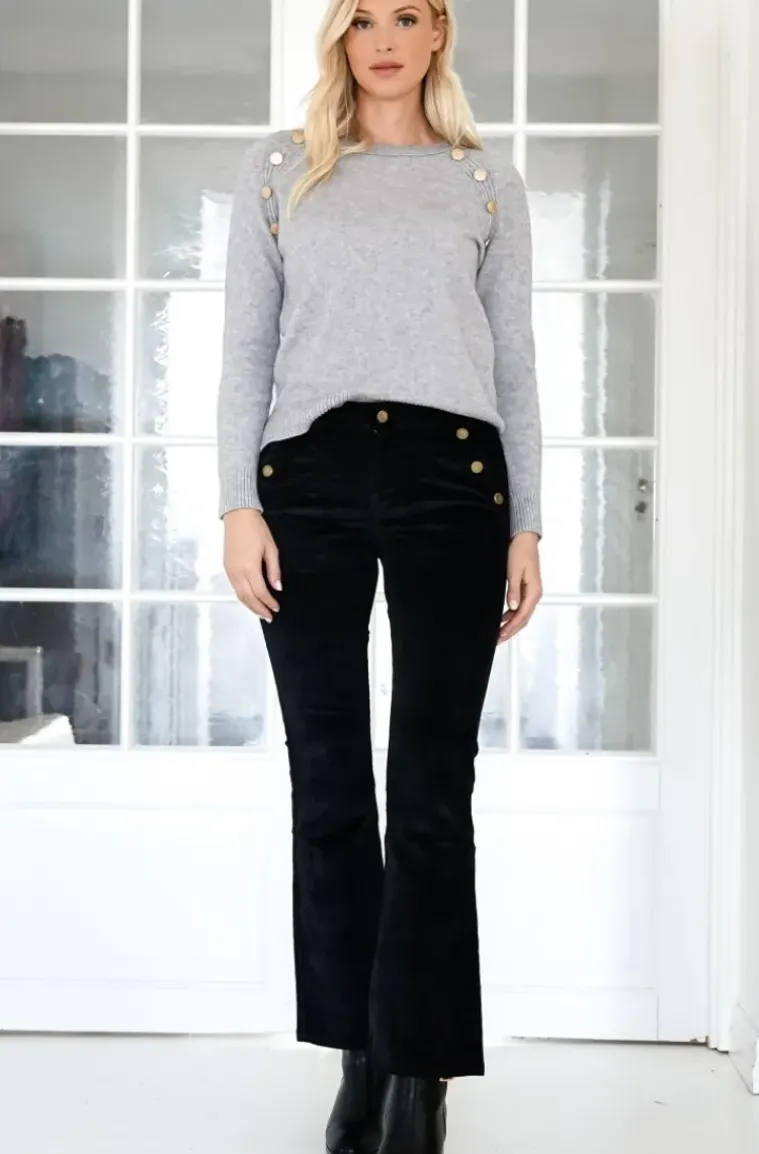 Mixed Brands - High waist flare velour pant with buttons H2630 - Black