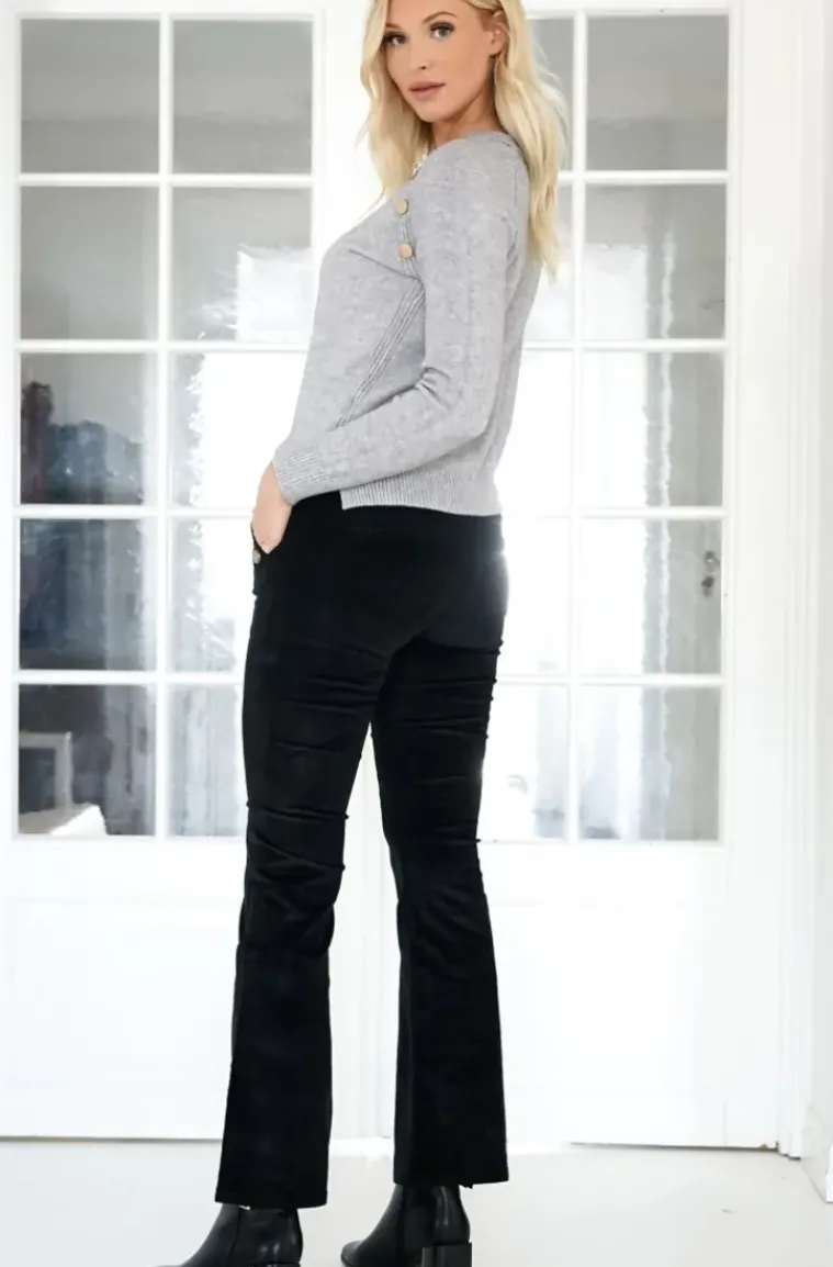 Mixed Brands - High waist flare velour pant with buttons H2630 - Black
