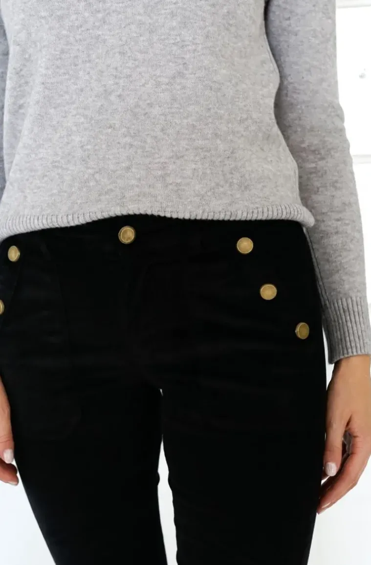 Mixed Brands - High waist flare velour pant with buttons H2630 - Black