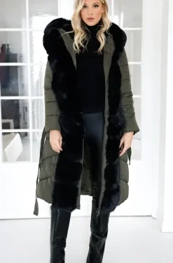 Mixed Brands - Long Puffer Coat with Faux fur trim 23069 - Dark Olive