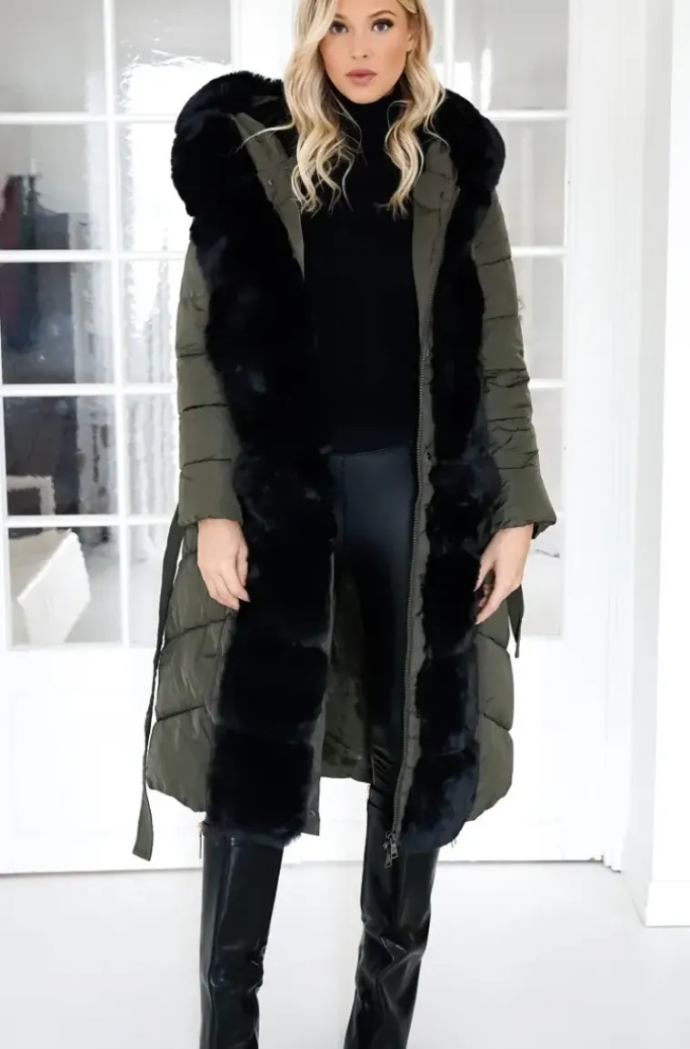 Mixed Brands - Long Puffer Coat with Faux fur trim 23069 - Dark Olive