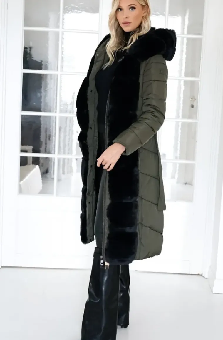 Mixed Brands - Long Puffer Coat with Faux fur trim 23069 - Dark Olive