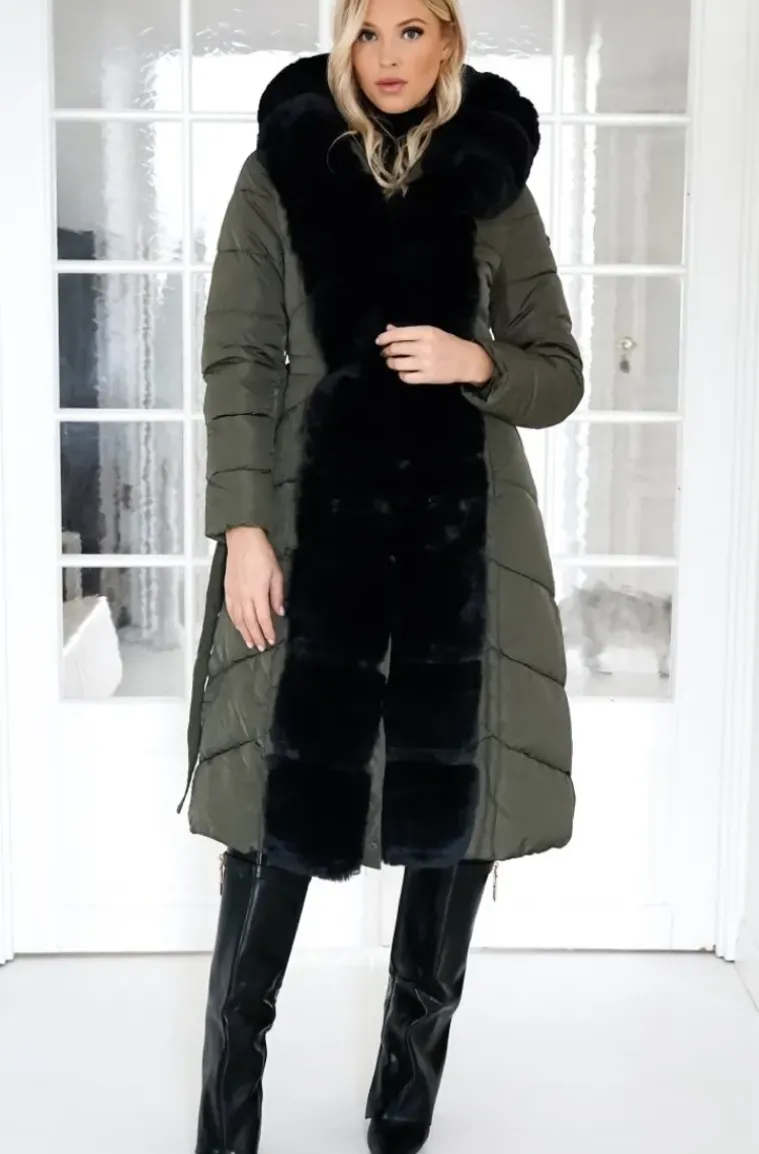 Mixed Brands - Long Puffer Coat with Faux fur trim 23069 - Dark Olive