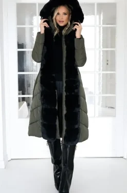 Mixed Brands - Long Puffer Coat with Faux fur trim 23069 - Dark Olive