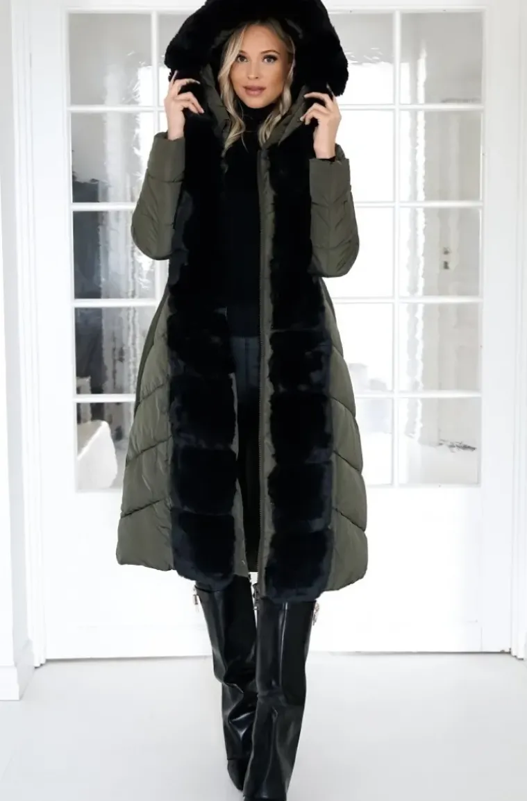 Mixed Brands - Long Puffer Coat with Faux fur trim 23069 - Dark Olive
