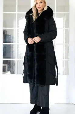 Mixed Brands - Long Puffer Coat with Faux fur trim 23069 - Black
