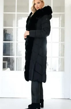 Mixed Brands - Long Puffer Coat with Faux fur trim 23069 - Black