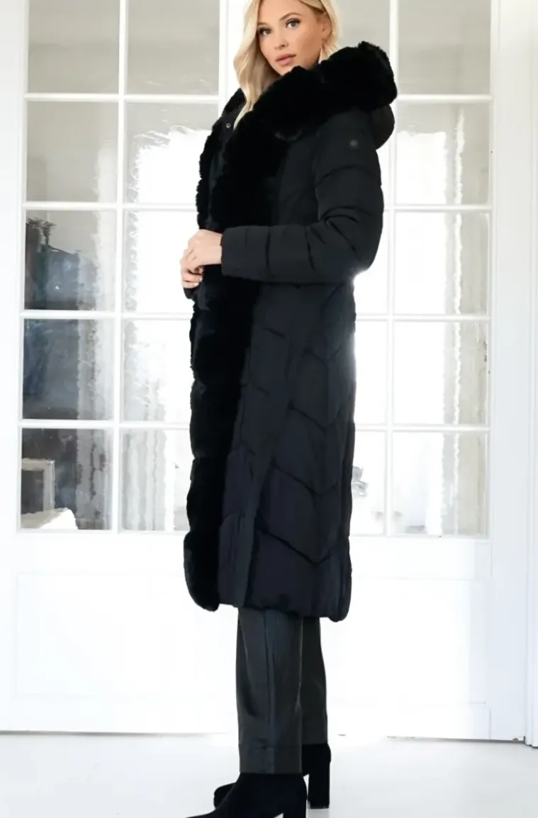 Mixed Brands - Long Puffer Coat with Faux fur trim 23069 - Black