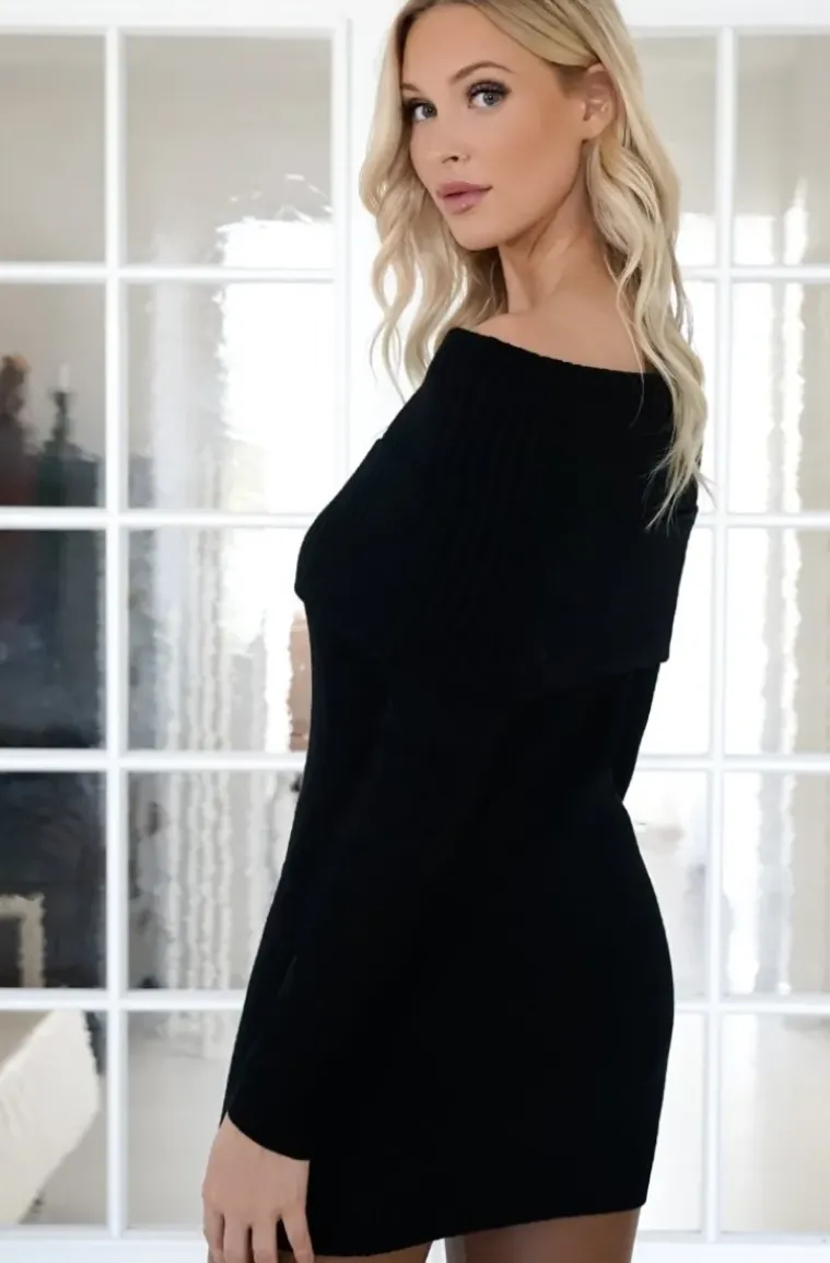 Mixed Brands - long sleeve mini Dress bardot neckline 3085 - Black