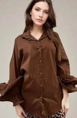 Mixed Brands - Oversize cotton shirt with ruffled sleeve 9394 - Choco