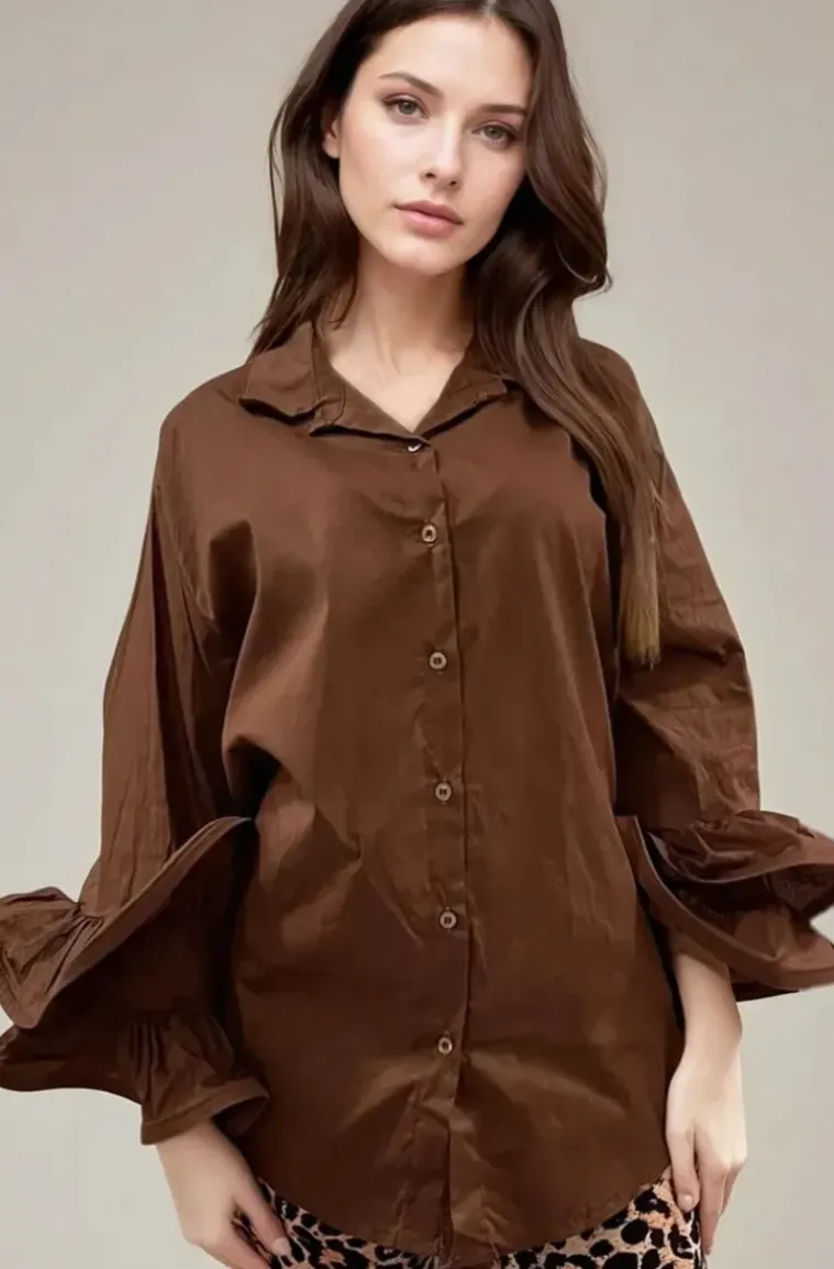 Mixed Brands - Oversize cotton shirt with ruffled sleeve 9394 - Choco