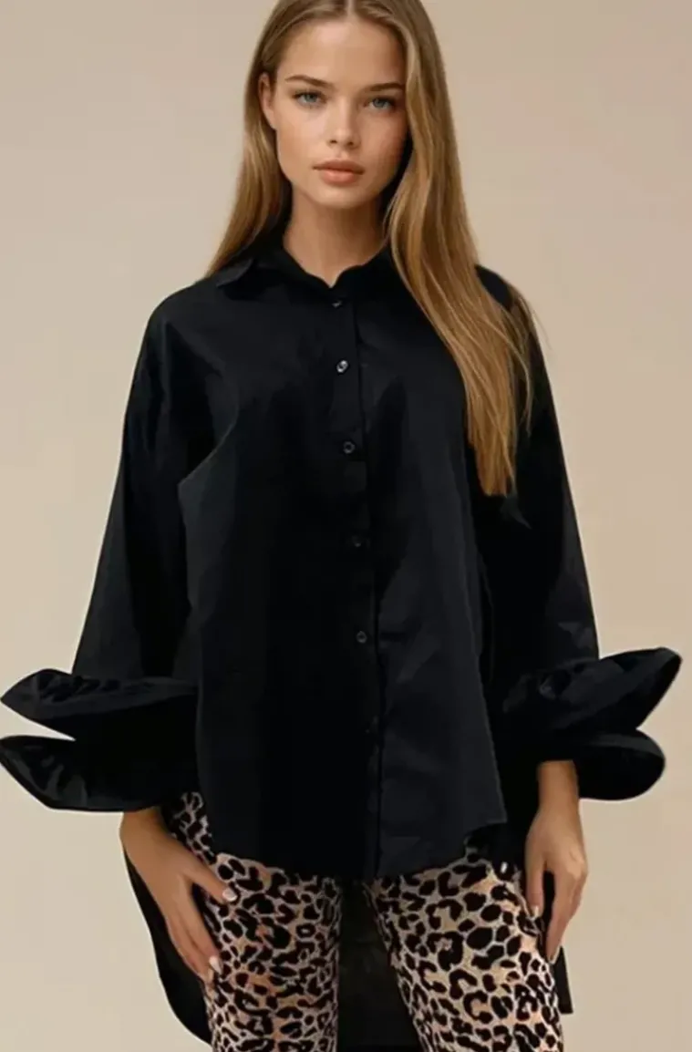Mixed Brands - Oversize cotton shirt with ruffled sleeve 9394 - Black