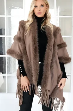 Mixed Brands - Poncho with fake fur details F40795 - Taupe