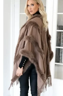Mixed Brands - Poncho with fake fur details F40795 - Taupe