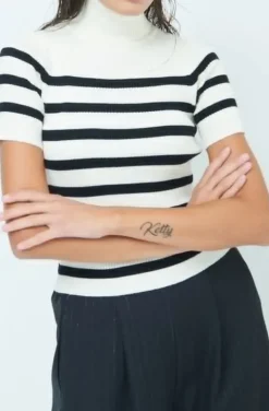 Mixed Brands - Striped short sleeve turtleneck 3373 - Beige
