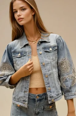 Mixed Brands- Denim jacket with Embroidered Sleeve DC480 - Blue