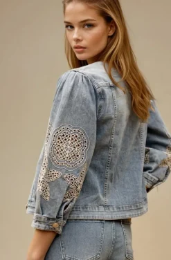 Mixed Brands- Denim jacket with Embroidered Sleeve DC480 - Blue
