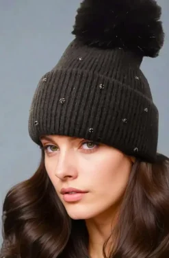 Plain Vanilla - Beanie with rhinestones and pom pom - Black