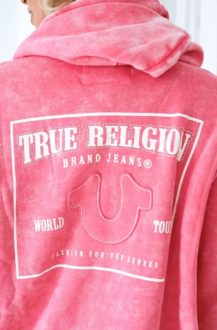 True Religion - Washed Big T Boyfriend Zip Hoodie - Hot Pink