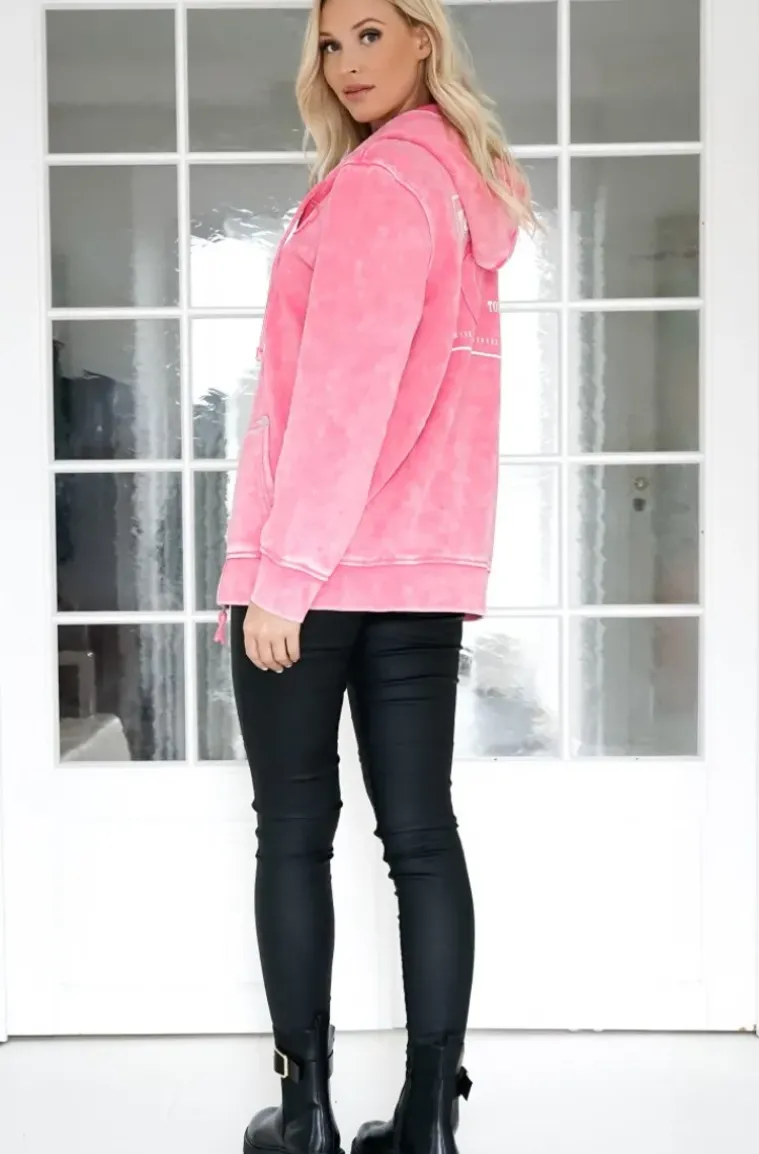 True Religion - Washed Big T Boyfriend Zip Hoodie - Hot Pink