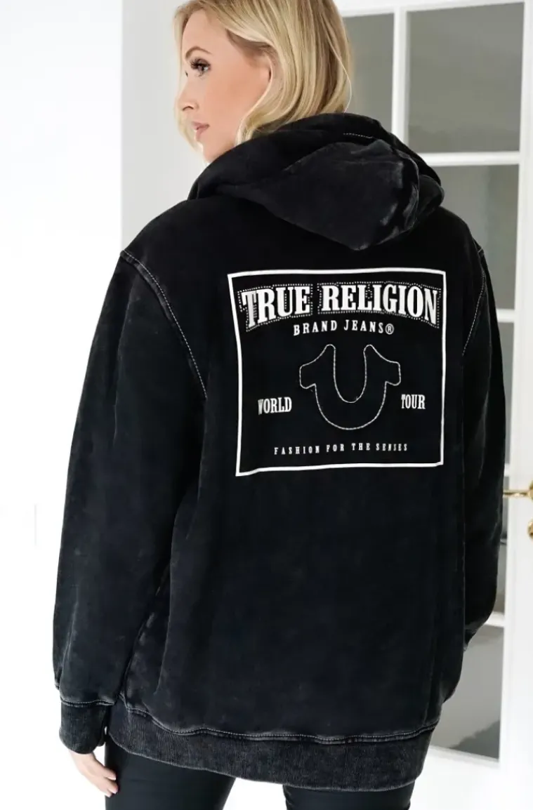 True Religion - Washed Big T Boyfriend Zip Hoodie - Jet Black