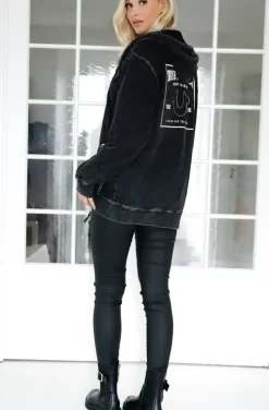 True Religion - Washed Big T Boyfriend Zip Hoodie - Jet Black
